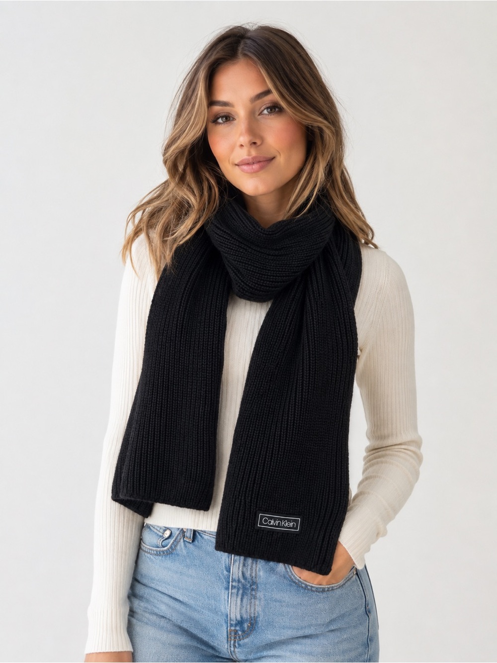 Calvin Klein Black Ribbed Knit Beanie & Scarf duo with Logo Patch - Picture 2 of 8